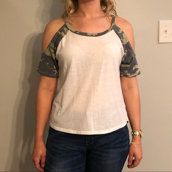 Charlotte Russe Tops - Camo Sleeve Cold Shoulder Tee
